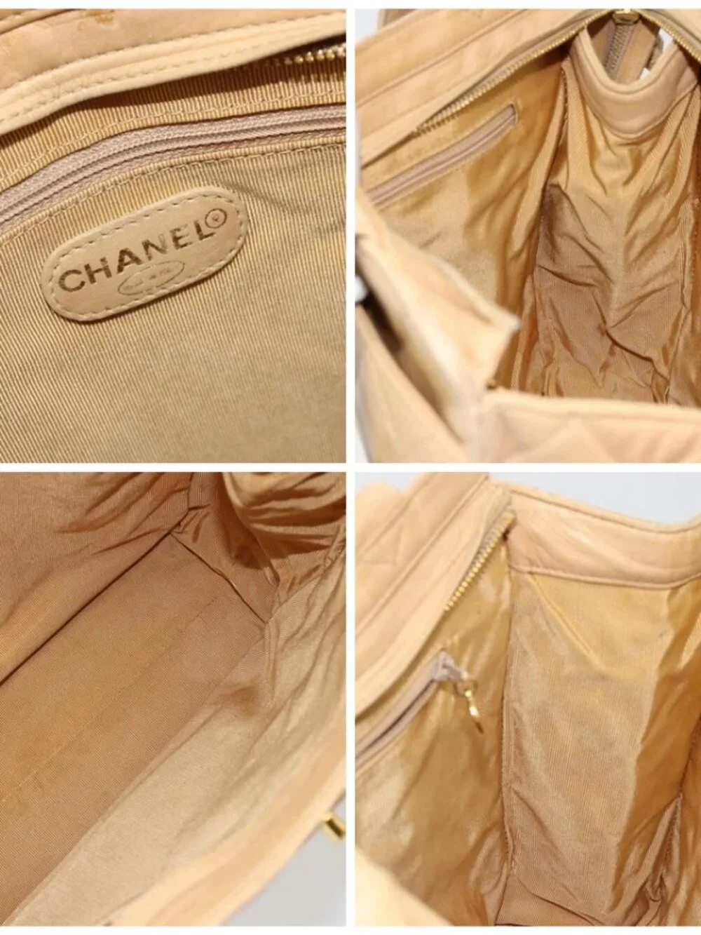 CHANEL Matelasse Shoulder Bag Lamb Skin Beige Gold CC Auth bs23120